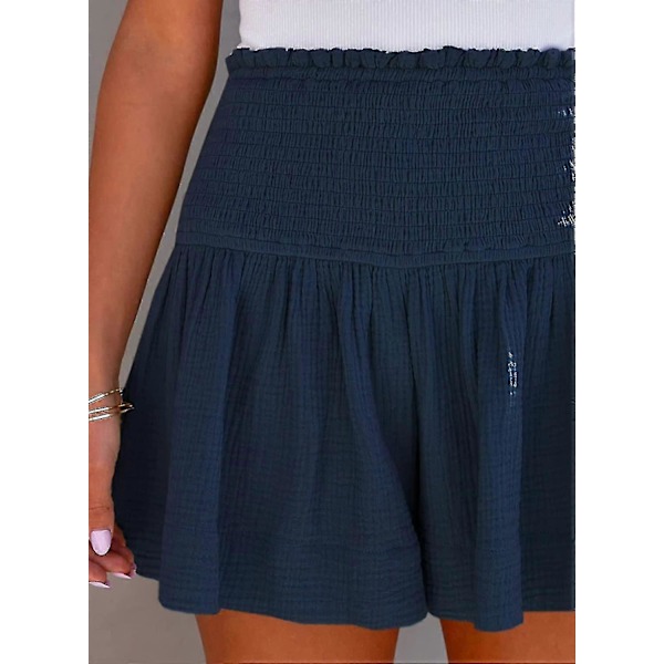 Damshorts Bomull Hög Elastisk Midja Plisserade Volang Söta Shorts Strand Flödande Casual Shorts S-xl Blue Large