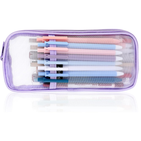 Gitternet Pencil Case Stor Kapacitet Blyantpose Transparent Makeup Pung Kosmetikpung til Studerende Skole College Kontor Purple