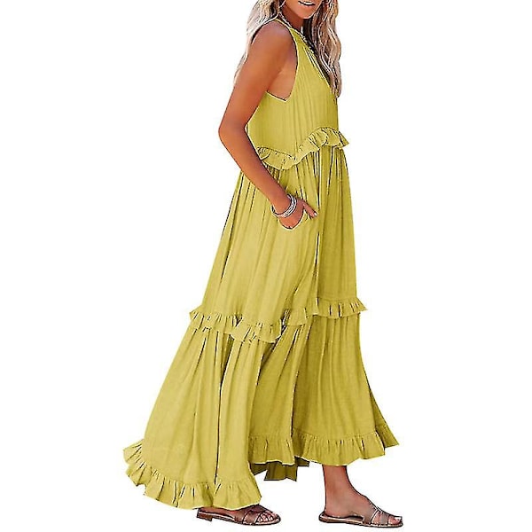 Halterneck Ärmlös A-linje Klänning för Dam, Casual Lång Strandklänning Yellow M