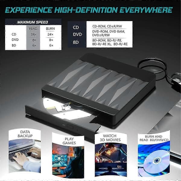 Eksternt Blu-ray-drev Optisk drev Cd Dvd Bd-brænder Rw-afspiller, genskriver printerdiskduplikator til