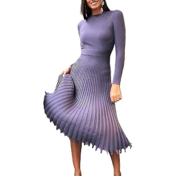 Dame Mock Neck Slim Fit Plisseret Ribstrikket Kjole Purple L