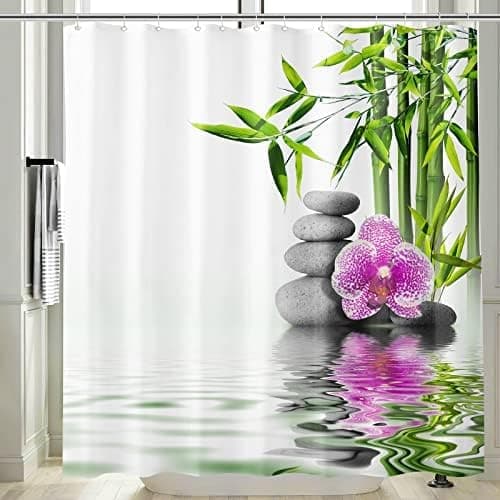 Zen Duschdraperi Anti Mögel 3D-tryckt Bambu Sten Badrumsgardin 180x200 Lång Vattentät Polyestertyg Orkidé P