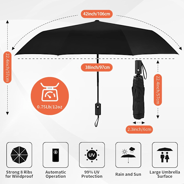 Kompakti taittuva matkavarjo, kestävä sateenvarjo tuuli- ja sadesuojalla, kannettava sateenvarjo ergonomisesti muotoillulla kahvalla, automaattinen avaus/sulkeminen - musta