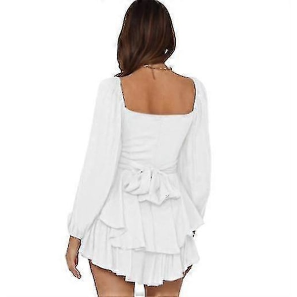 Långärmad minishorts-romper med volanglager och knytning för dam S White