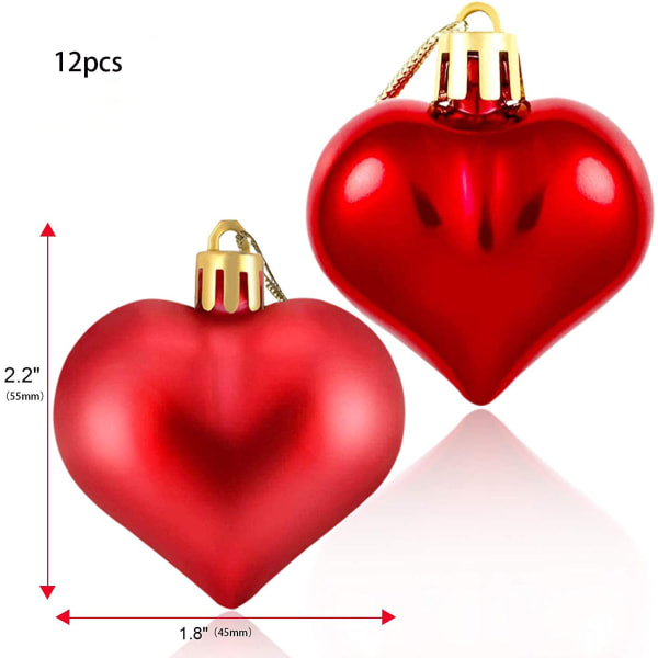 12 Hjerteformede Pynt til Valentinsdag og Jul, 2 Forskellige Stilarter af Hjerteformede Kugler, Hjerteformede Juletræspynt (Rød)