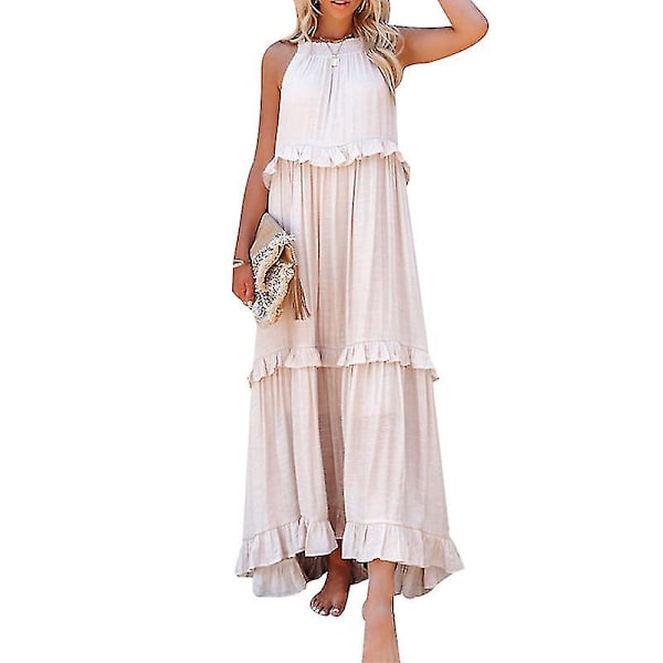 Halterneck Ärmlös A-linje Klänning för Dam, Casual Lång Strandklänning Beige M