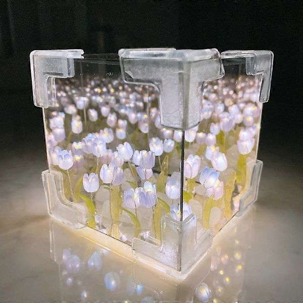 Tulipan Blomster Nattlys, Tulipan Speil Nattlampe Materialepakke, Speil Nattlys Gaver til Jenter, Par, Hjemmedekor Purple