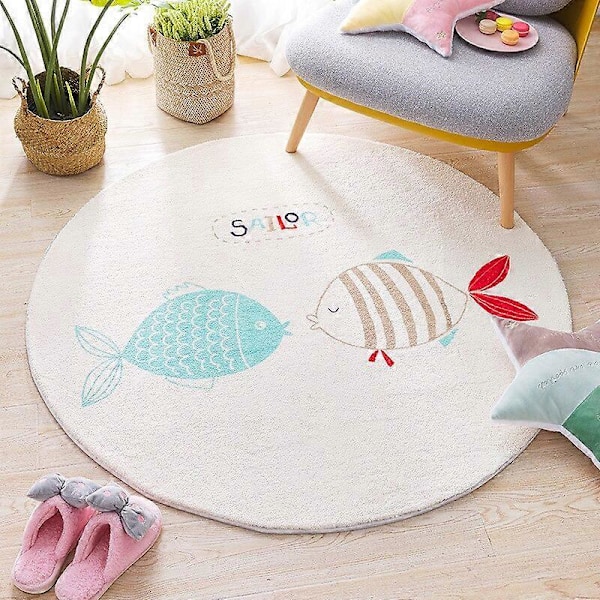 Runde tepper til stue, tykkere lammeull gulvmatte, myk og fluffy tepper for barnerom, dekorasjon, moderne matte Double Fish 80cm Diameter