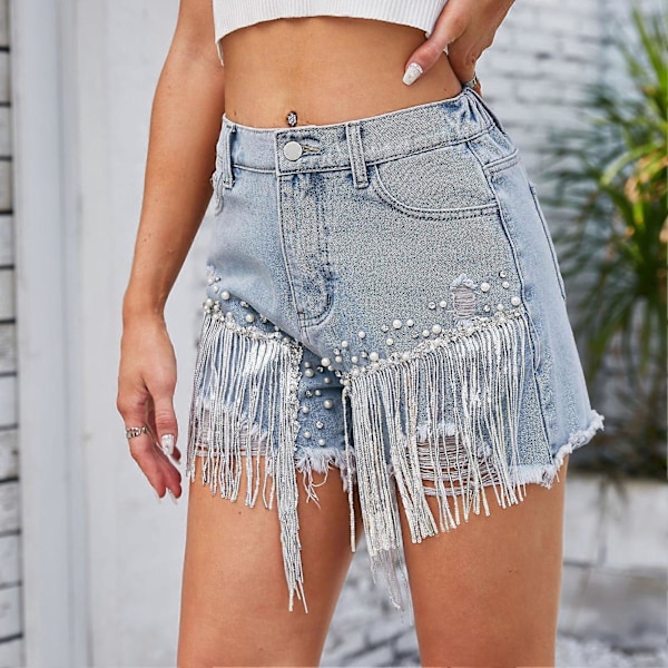 Dam Casual Shorts Polyester Bekväm Mjuk Strass Pärlbroderade Fringe Shorts för Shopping Blå L