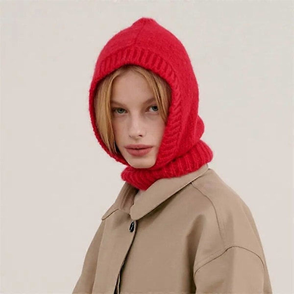 Högkvalitativ ullhatt för kvinnor, stickad balaclava, höst- och vintermössa, koreansk designer, varm pull-over snood, halsduk, mössa Red 56-59cm