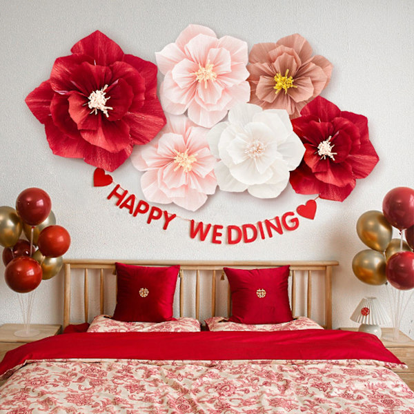 Set med crepepappersblommor med fjärils- och lövbakgrund - Perfekt för festdekoration och heminredning Wine red
