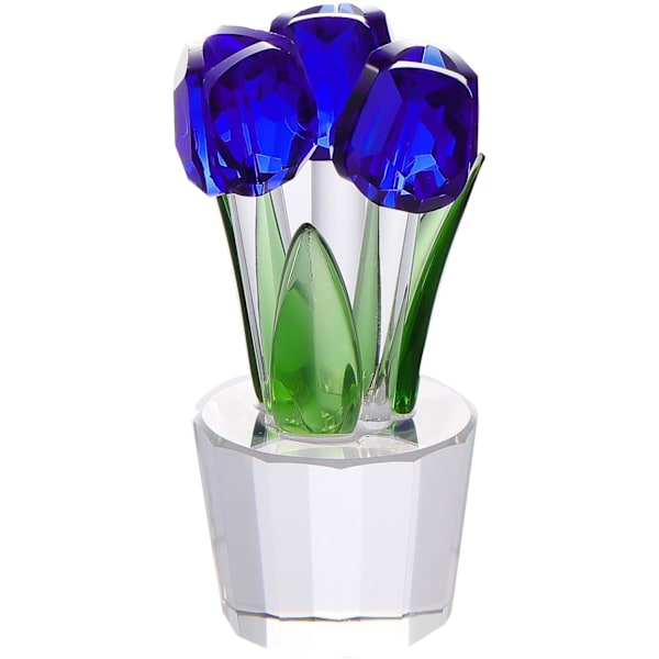 Krystall Tulipan Blomsterbukett Figur Samleobjekter Gaver til Kvinner, Glass Blomster Midtstykke Ornamenter til Jul Bursdag med 3 Blomster Blue