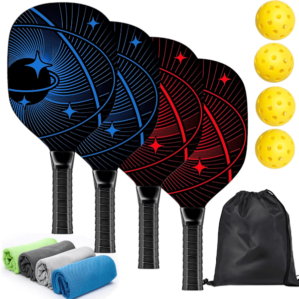 Racket set med 4 premium träracketar, 4 bollar, 4 kylhanddukar och bärväska, racket med ergonomiskt dämpat grepp, present till män och kvinnor