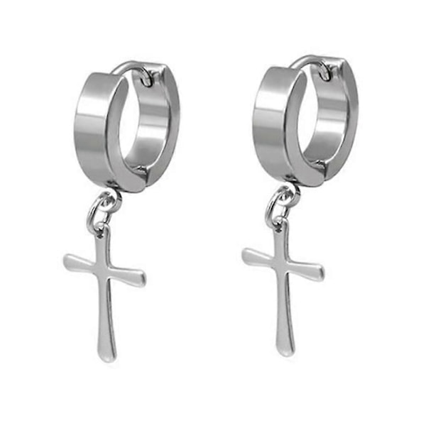 Par Rustfrit Stål Kors Dingle Hoop Huggies Øreringe Bryllupssmykker 4mm