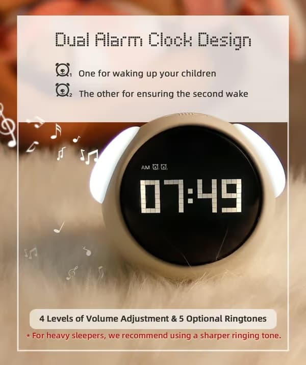 Smart vækkeur til børn med stemme- og natlys, dobbelt alarm, rumtemperatursensor, søvntræner og gave til drenge og piger