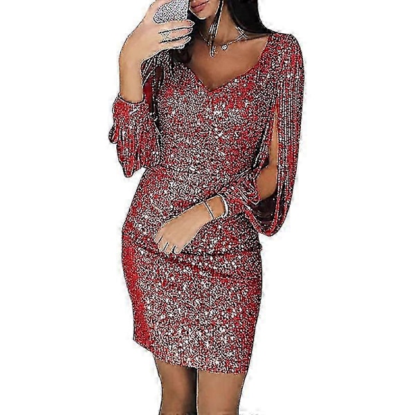 Dam Paljettklänning Glitter Sexig Djup V-ringning Kort Klänning Ovanför Knälängd Lång Ärm med Tofsar 5XL Green