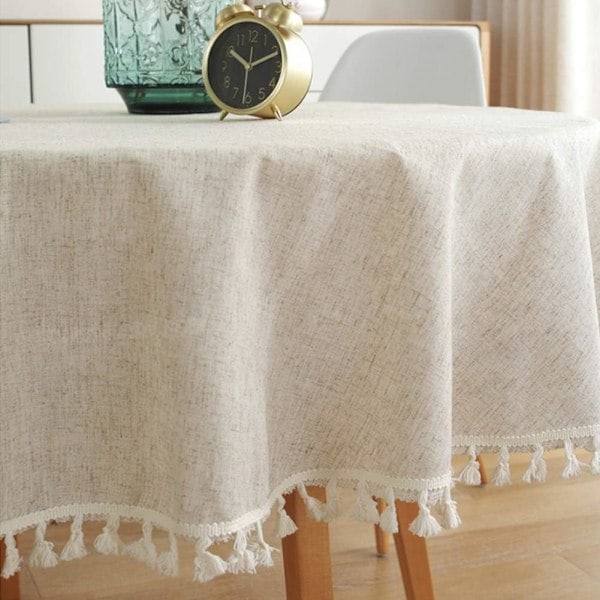 Rund bordsduk enfärgad bordsduk med tofsar enkel bordsduk beige 150CM
