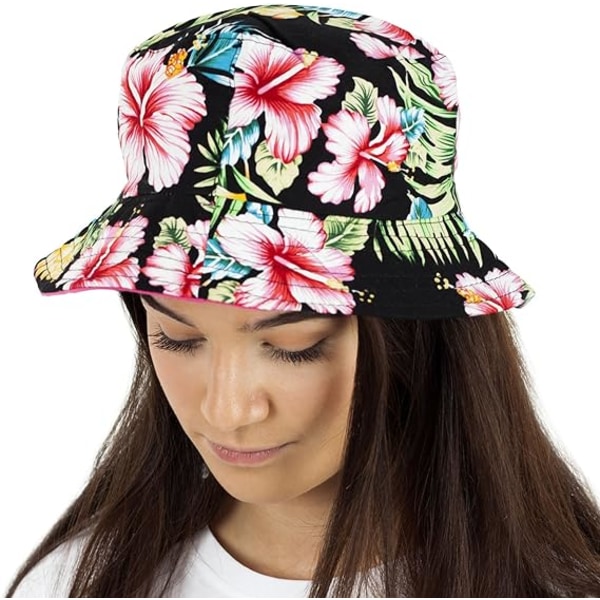 Dam Reversible Bomull Retro Floral Bush Bucket Solhatt, Blå