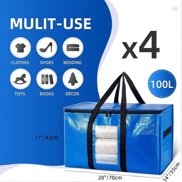 Flyttväskor Extra Stora Förvaringsväskor 4-pack, Klart Fönster & Förstärkta (LGL)