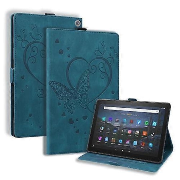 Amazon Fire HD 10 Plus 2021 / HD 10 2021 -laitteelle sopiva vaaka-asennossa avattava nahkainen suojakotelo, jossa on rakkausperhonenkuvio ja teline Blue