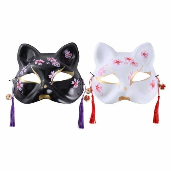2 x Halloween Dyre Cosplay Kabuki Kattmasker Japansk Revmaske Maskerademaske for Danseforestilling Sminke Rekvisitter Ball (Svart Hvit)