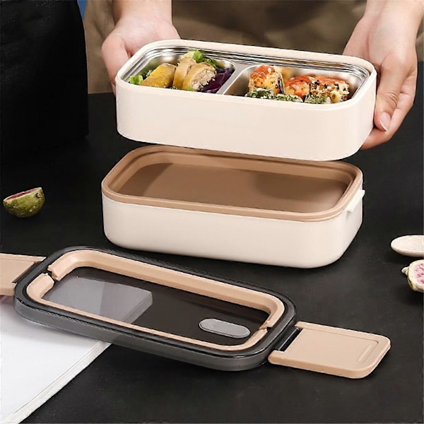Dubbellagers Mikrovågssäker Bento Box i Rostfritt Stål Läcksäker Lunchlåda Camping Portabel Bento Box med Isolerad Väska