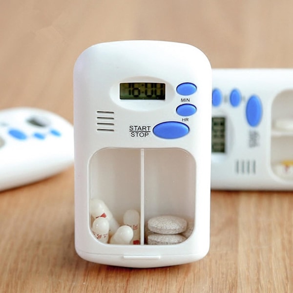 Bærbar Mini Pilleæske Timer med LCD Digital Elektrisk Alarm Medicin Pilleæske 2 Rækker Hvid Farve
