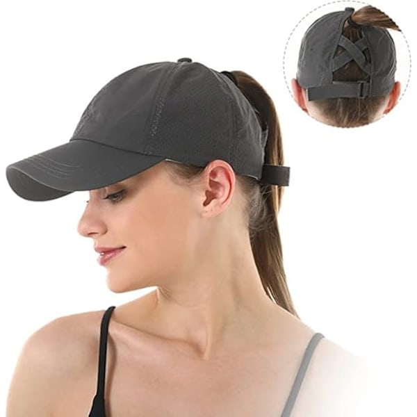 Dame Cross Ponytail Baseball Cap, Hurtigtørrende Mesh Udendørs Sports Cap med Ponytail Hul Justerbar Rejse Sommer Hat Dark Gray