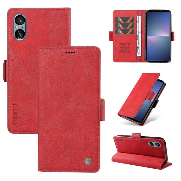 För Sony Xperia 5 V Läder Telefonfodral Vikbart Ställ Plånboksfodral Red