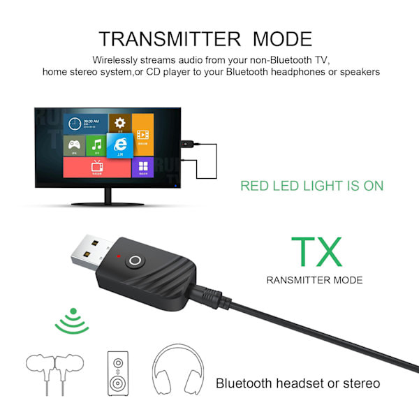 Bluetooth USB-adapter, 5.0 Trådløs 3-i-1 USB-sender