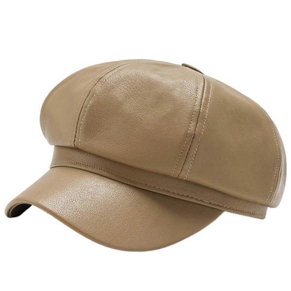 Dam Vår Sommar Basker Retro Enfärgad Konstläder Kort Skärm Dekorativt Solskydd Anti-UV Andningsbar Dam Målarhatt Unisex Åttakantig Mössa Khaki