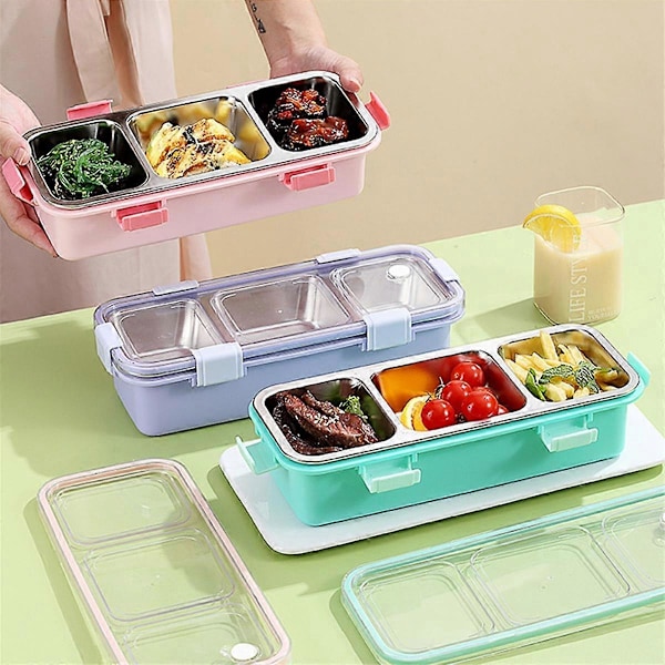 Lunchlåda med 3 Fack Rostfritt Stål Bento Box Bärbar Matförvaringsbehållare för Barn L