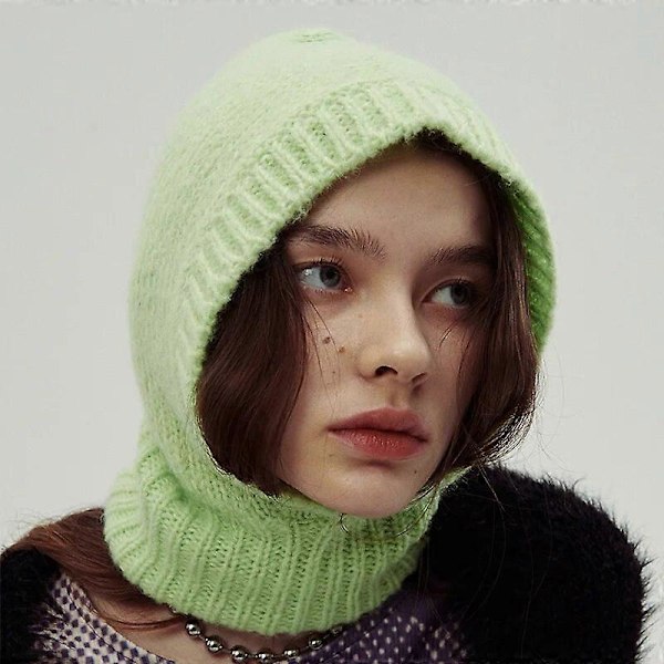 Høykvalitets ullstrikket lue med balaklava for kvinner, høst- og vinterlue, koreansk designer, varm pullover-halsvarmer, hette Light Green 56-59cm