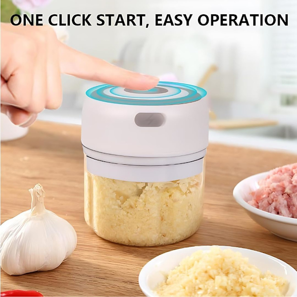 PINK - Mini elektrisk matprosessor og hvitløkshakker - 250 ml, USB-lading, 3 kniver - Perfekt for å hakke grønnsaker, pepper White