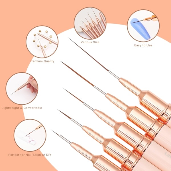 (Champagne Gold) Nagelsmyckes Linjeteckningsborste, 5-delad Nagelsmyckesborste Set Nagelpunkteringsverktyg för