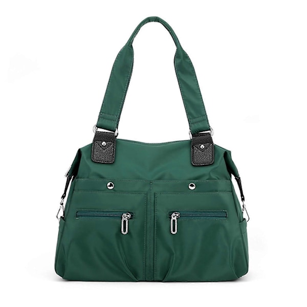 Vattentät, stor kapacitet Multi Pocket Nylon Axelväska, Utility Tote Bag med Fickor och Fack för Kvinnor Dark green