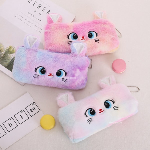 Tegneserie Sød Kat Plys Taske Blyant Etui Etui Fluffy Stor Kapacitet Blyant Etui Pink Pink