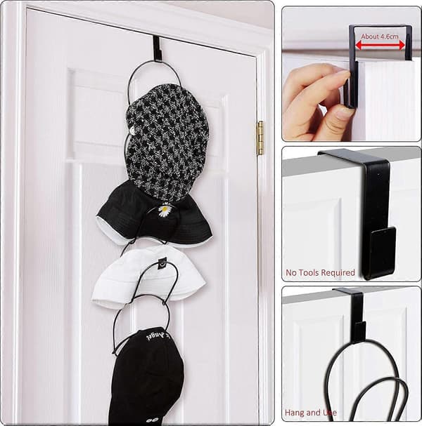 Hat Rack 5 Ringe Metal Multi-Layer Kasket Rack Dørmonteret Knagerække med 1 Dørkrog, (Sort)