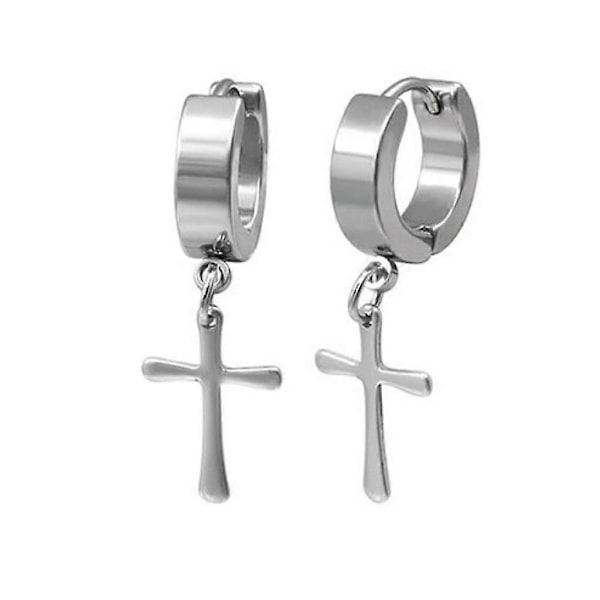 Par Rustfrit Stål Kors Dingle Hoop Huggies Øreringe Bryllupssmykker 4mm