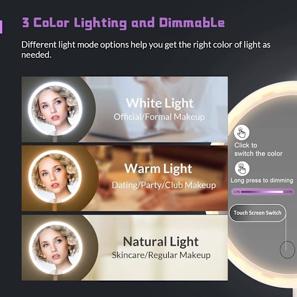 Meikkipöytäpeili LED-valolla, Ladattava kosketushimmennys Kannettava pöytäpeili, 3 värilämpötilaa säädettävissä (pyöreä)