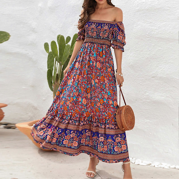 Dame Trykket Maxikjole Kort Pufferme Elastisk Rynket Byste Off Shoulder Lang Kjole Rød Base XL