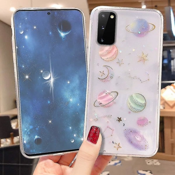 Flicka Case för Samsung Galaxy S21 5g Glitter Case Söt & Snygg Klar Glittrande Bling Case för Tjejer Kvinnor Planet Stjärnor Design Mjuk TPU Stötsäker C
