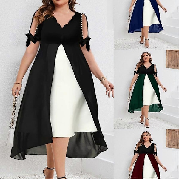 Forår Sommer Plus Size Dametøj Elegant Mode Off Shoulder V-hals Patchwork Chiffon Faux To Delt Uregelmæssig Kjole blue L