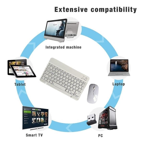 Ladattava Bluetooth-näppäimistö ja hiiri -yhdistelmä, ultraohut kannettava kompakti langaton hiirisetti Android Windows -tabletille, puhelimelle, iPadille, iOS:lle, valkoinen White