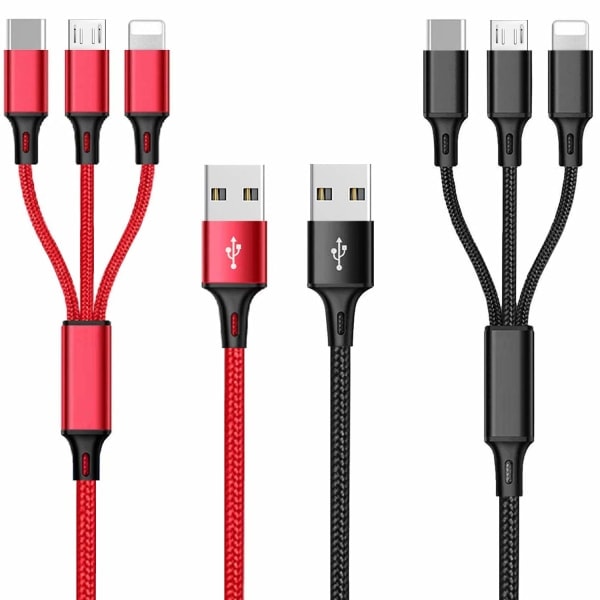 Multi 2-Pack, 3A 3 in 1 Fast Charging Cable, 1.25M Nylon Multiple USB Cable with iP Micro USB Type C Port