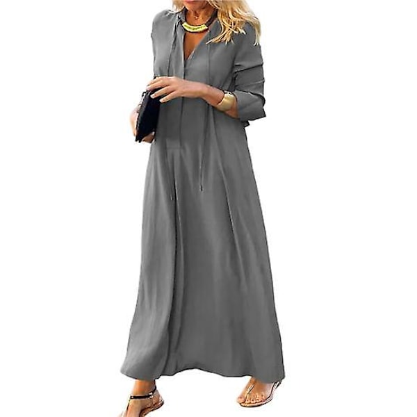 Skjortklänning Hög Midja Varm Hudvänlig Populär Dam Enfärgad Pullover Höst Lång Klänning för Semester grey M