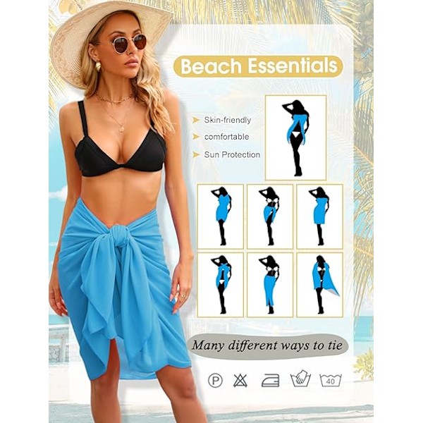 Strandkjol för kvinnor, strandkläder, chiffongsaron, baddräktsskydd för baddräkter, lång halsduk, halva strandpareos för sommaren Blue