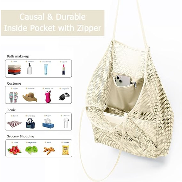 Sommerstrandveske, dame netting tote bag, stor casual skuldertaske med glidelås innerlomme for reise daglig basseng gym piknik Milky