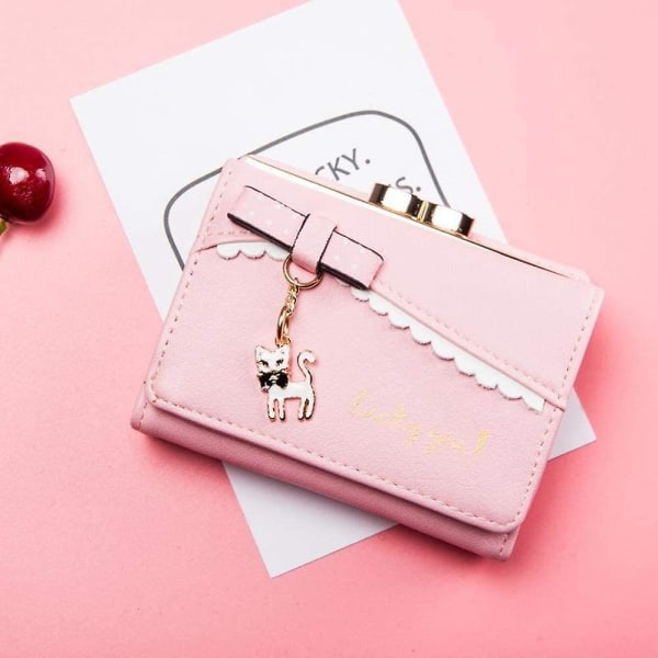 Søt rosa mønster slank trifold kort lommebok for damer liten myntpung