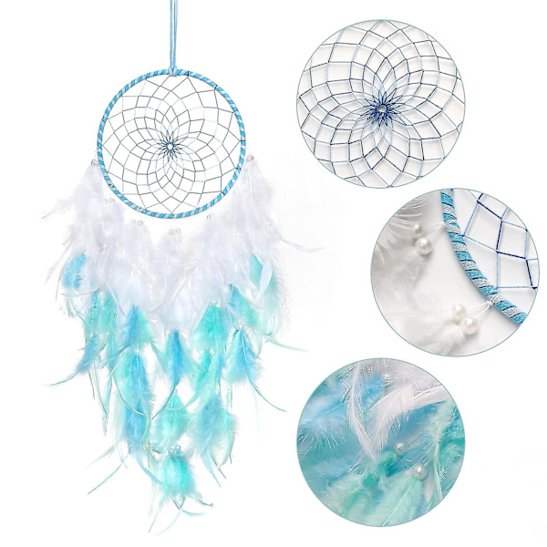 Blå och vita fjädrar drömfångare barn väggdekoration traditionell handgjord drömfångare rund mesh boho väggkonst för sovrum sovsal heminredning G